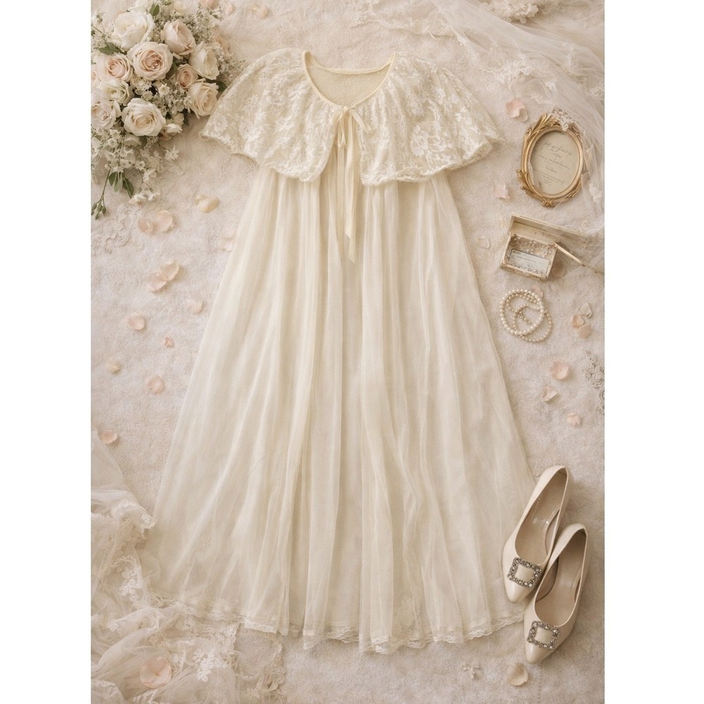 VTG 60s Leonora Lace‎ Nylon Peignoir Robe 12 Ivory Sheer Bridal Boudoir Romantic